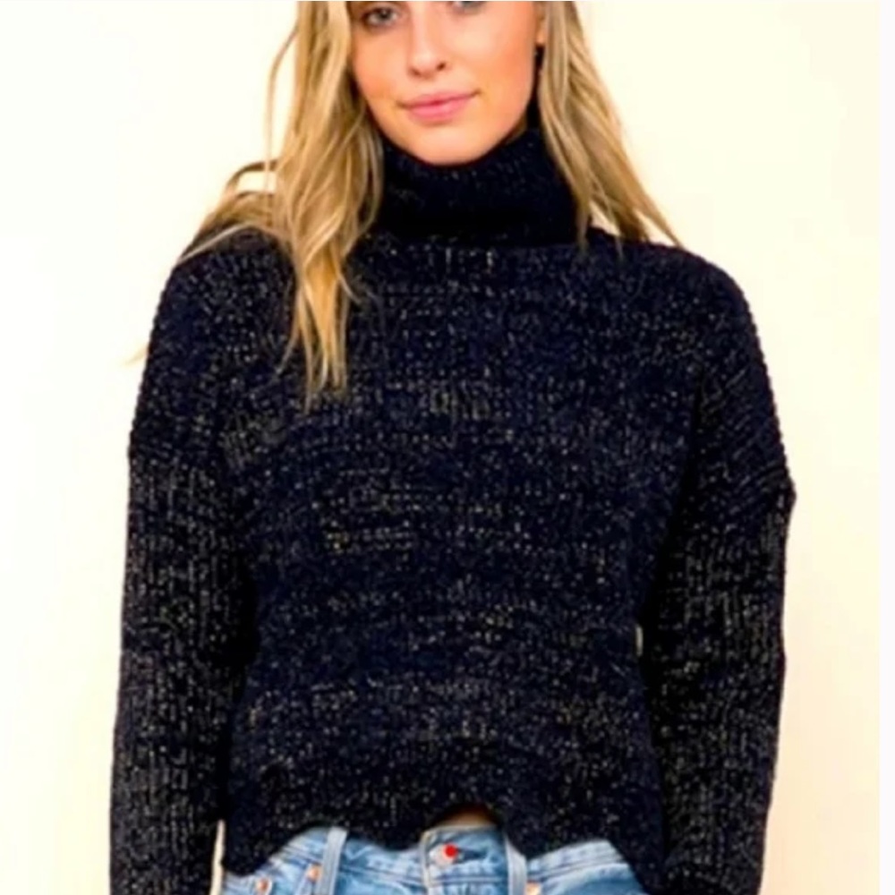 Raga Navy Turtleneck Women’s Sweater with gold threading accents, scalloped edge